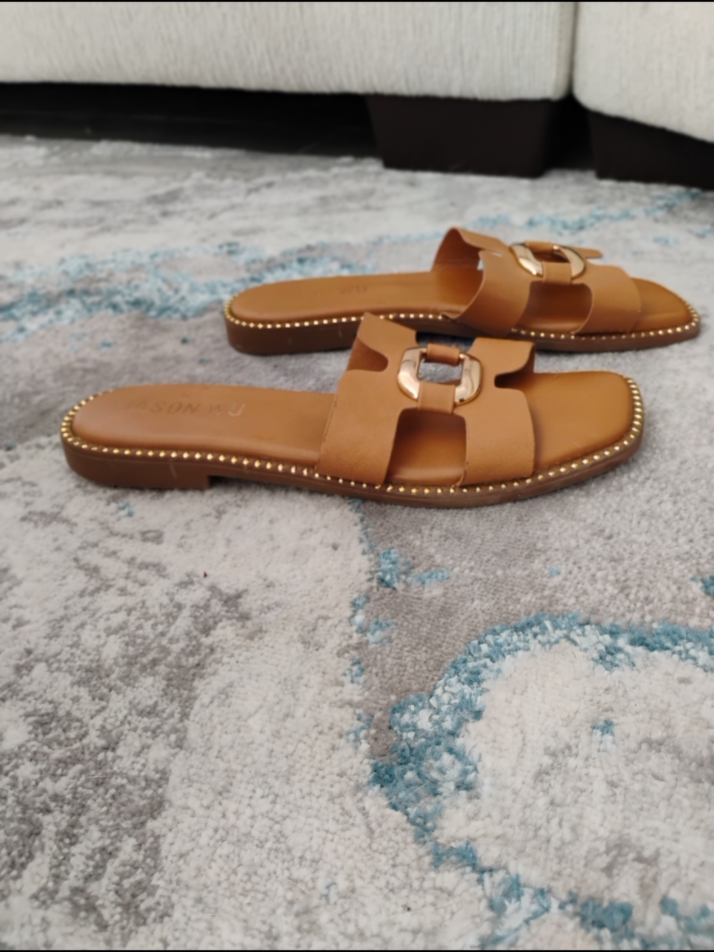 Jason Wu Tan Leather H-Strap Slide Sandals Gold Hardware Sz 9 - Picture 6 of 8